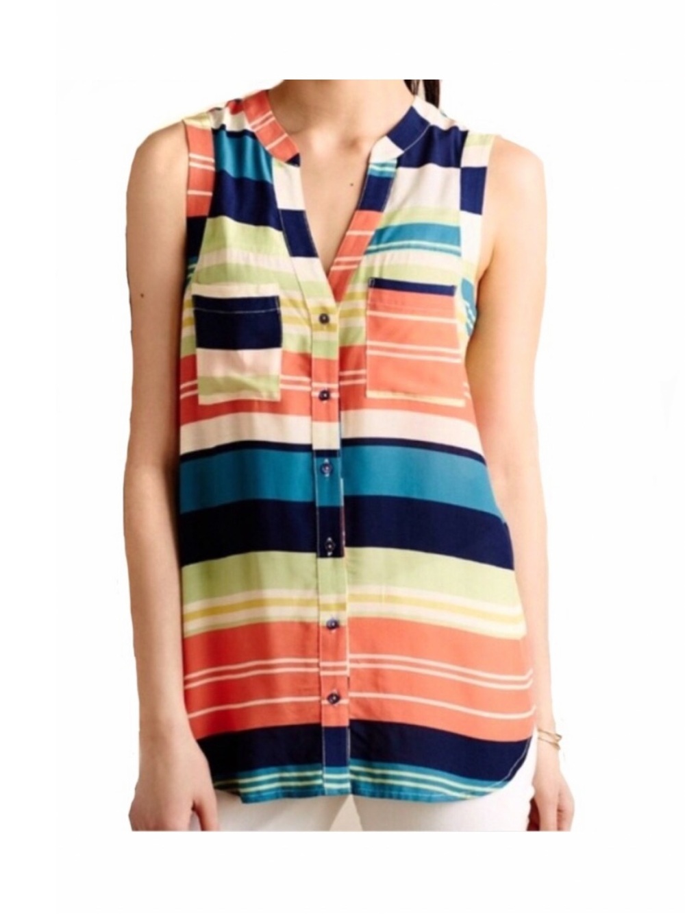Anthropologie Colorful Bright Horizontal Striped Sunkseeker Button Up Tank Top